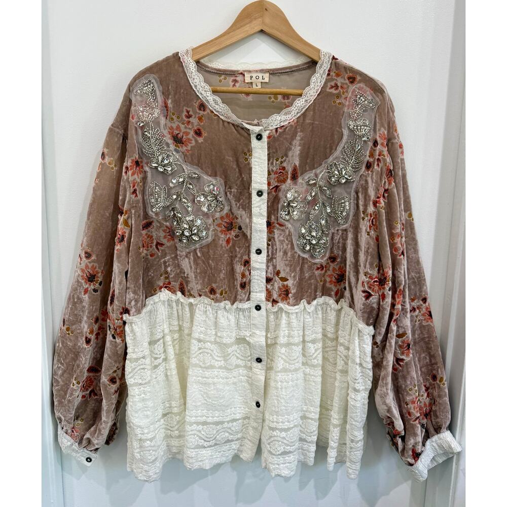 POL Velvet Floral Lace Beaded Sequin Crystal Romantic Boho Button Front Top Sz L - Picture 2 of 15
